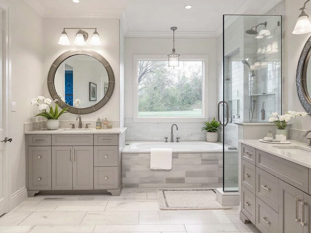 Caption: Experience the stunning transformation! From mediocre to magnificent, this modern renovated bathroom screams style and finesse. A fully renovated modern bathroom showcasing a magnificent transformation with contemporary design elements.