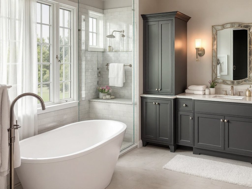 Professional general contractor reviewing blueprints for bathroom remodeling project.