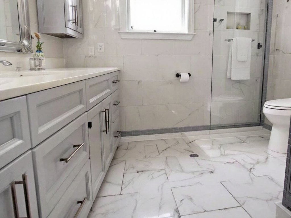 Caption: Experience a whole new level of tranquility with our professional tile installation services, turning your basic bathroom into a spa retreat in Milton, MA. Expert tile installation contractors transforming bathrooms into modern, spa-like retreats in Milton, MA.