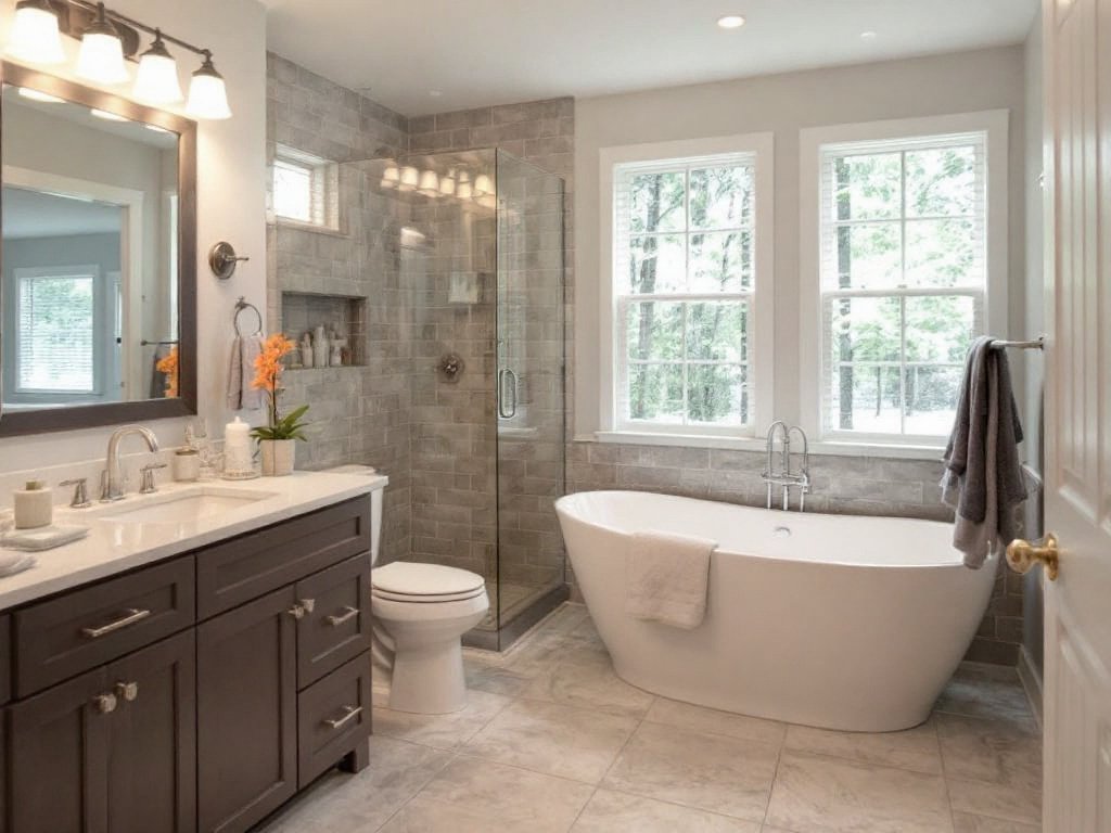 Modern, sophisticated bathroom renovation in Sudbury, MA by experienced contractors.