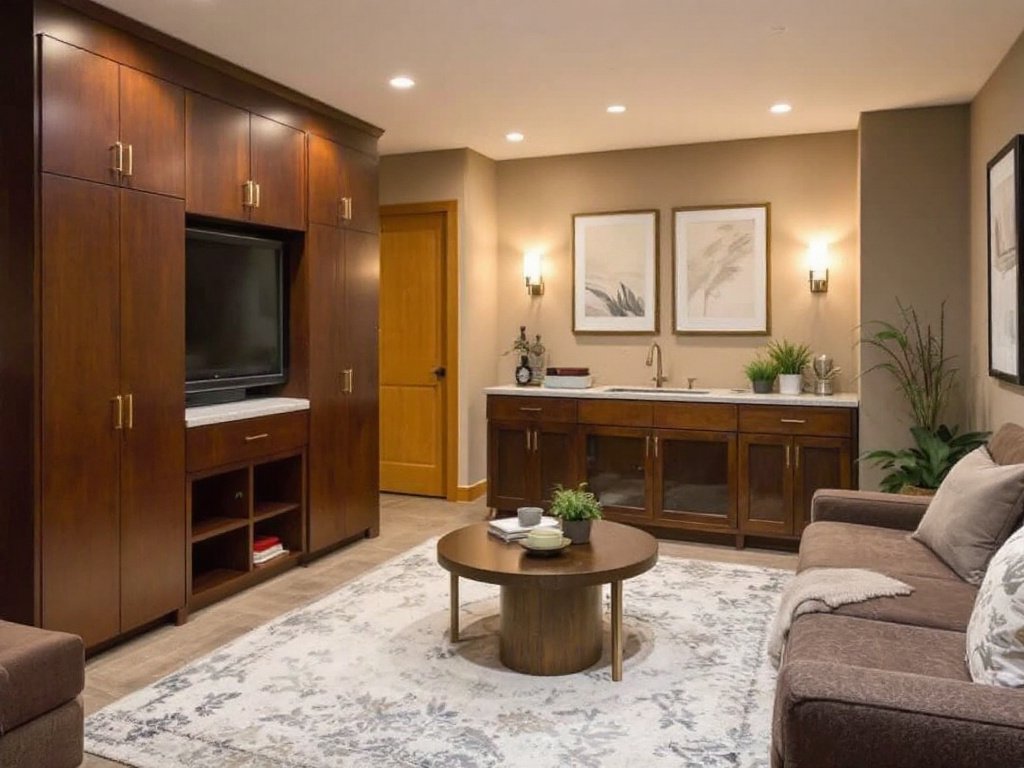 Contemporary, chic basement design by leading remodelers near Boston.