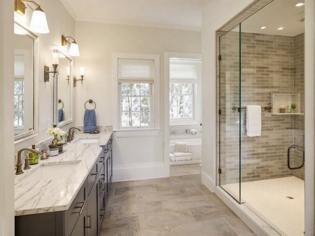 Caption: Behold the sublime artistry of top-rated tile installation masters near Lexington, MA, turning a basic bathroom into a modern, contemporary oasis. Experienced tile installation contractors engaged in a bathroom remodeling project featuring a modern and contemporary design in Lexington, MA.