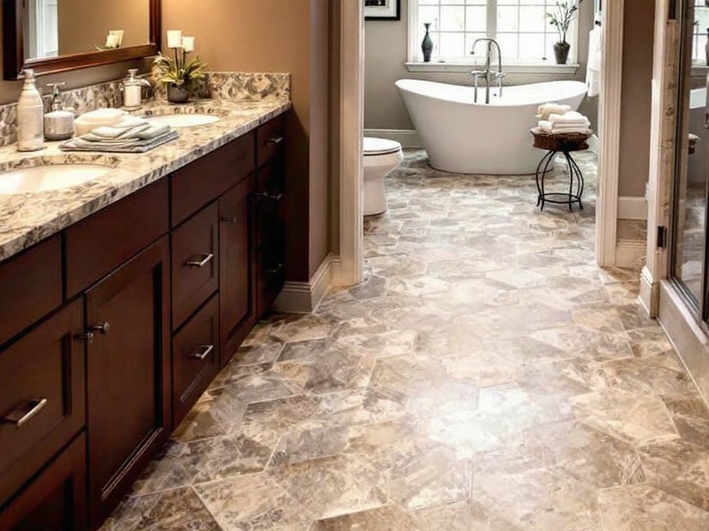 Alt Text: Professional tile flooring installers in Burlington, MA involved in bathroom remodeling.