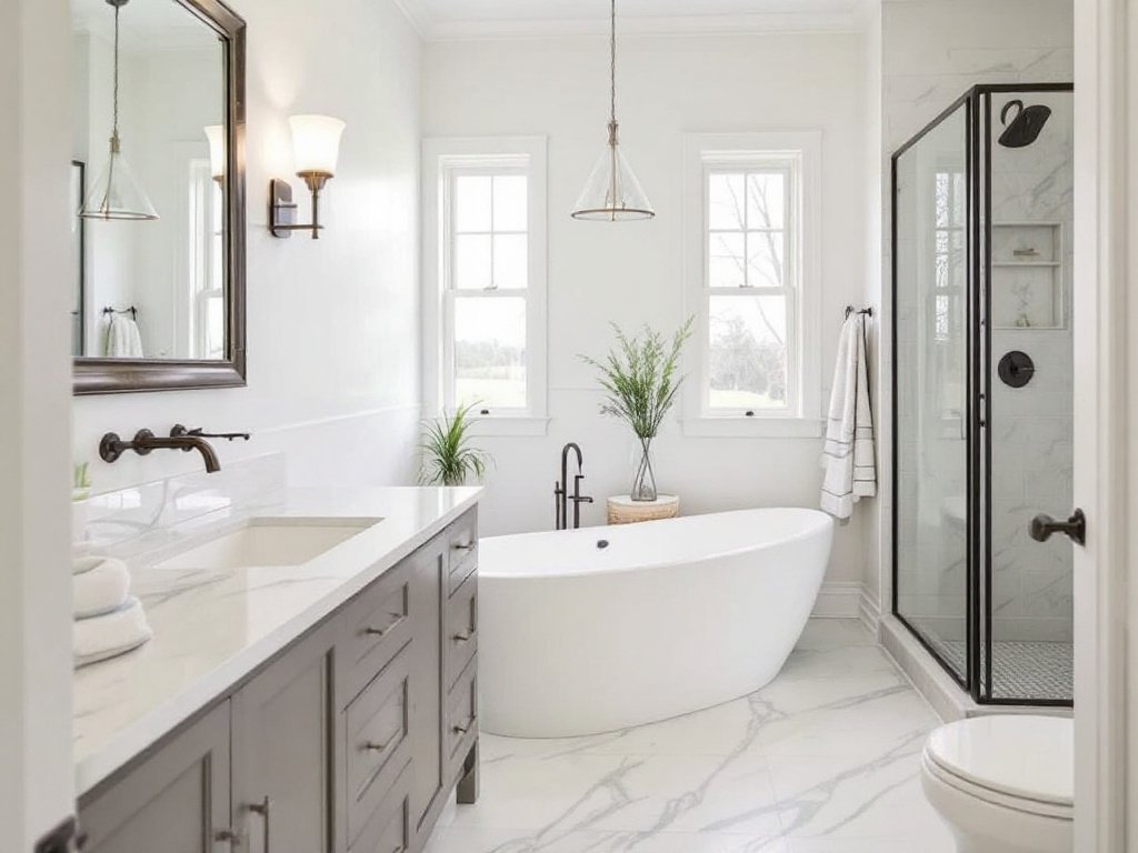 Caption: Your Dream Bathroom Brought to Life by Expert Construction Contractors near Lincoln, MA. Professional general construction contractors working on a modern, contemporary bathroom remodeling project near Lincoln, MA.