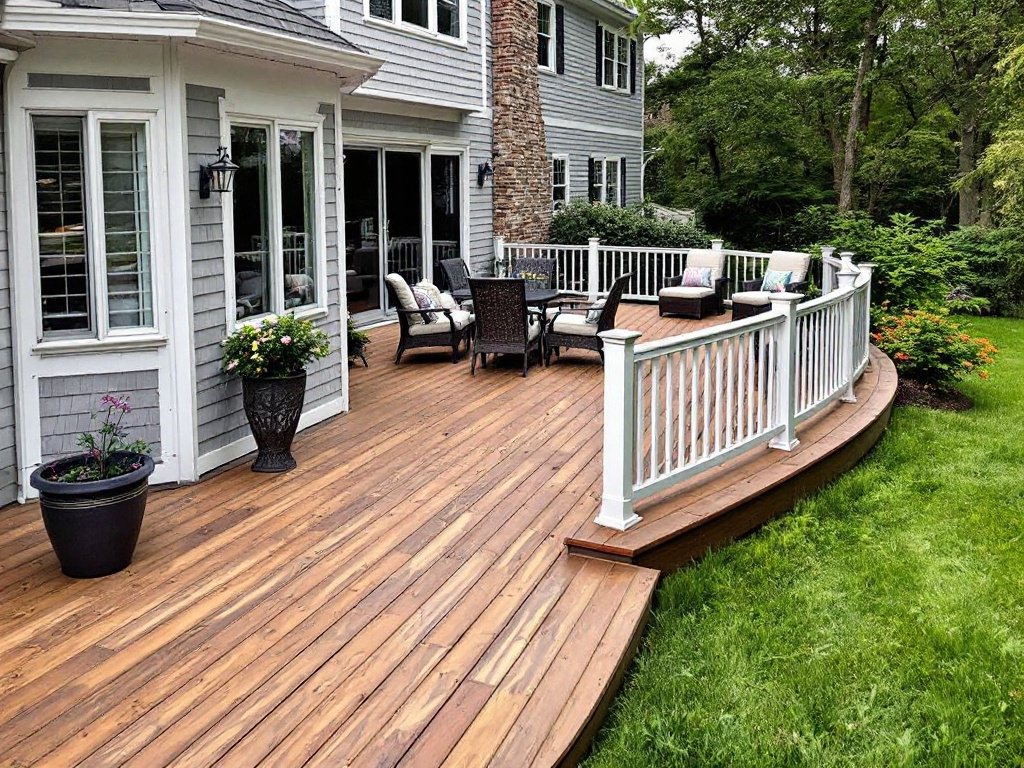 Caption: Transform your backyard into a haven of relaxation with our contemporary deck installation services in Weymouth MA. Upgrade your outdoor living with this modern, fresh design. New, modern deck installation in Weymouth, MA, featuring a contemporary design to transform outdoor spaces.