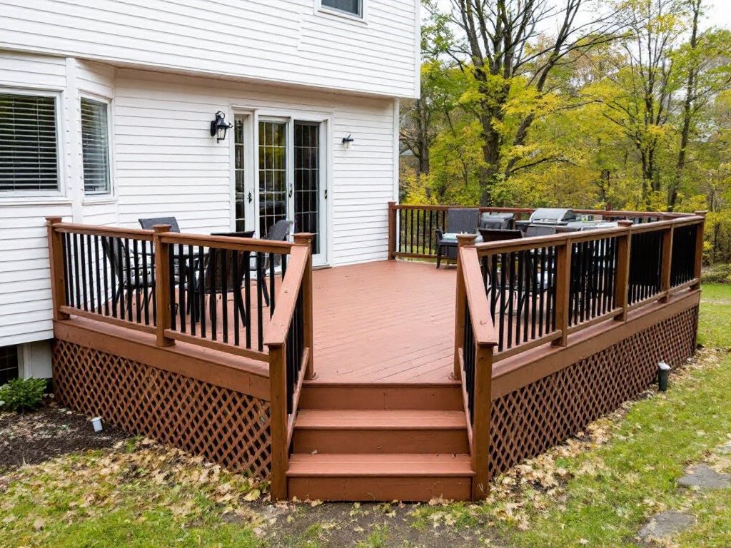 Caption: Expert contractors in Weston, MA bringing contemporary design to life with top-notch deck construction. High-tech deck construction designed by professional contractors in Weston, MA, reflects modern and contemporary styles.