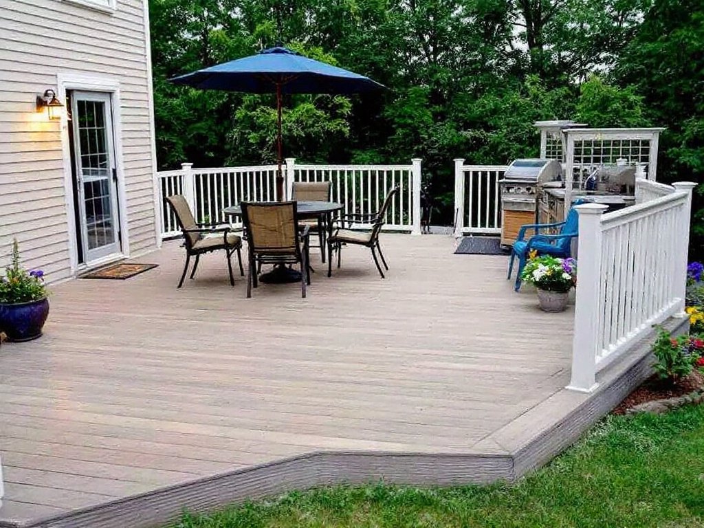 A view of modern deck remodeling near Westwood MA with a contemporary design.
