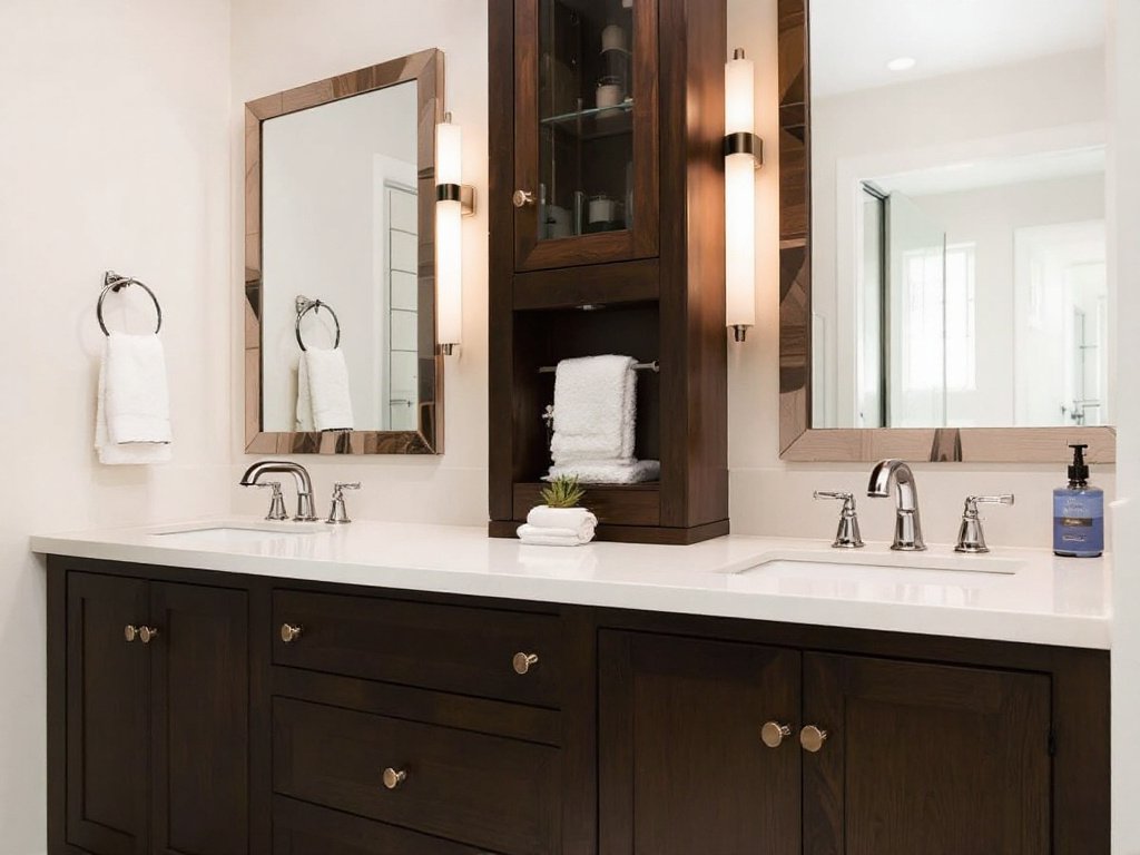 A dramatically transformed bathroom in Westwood with contemporary fixtures and elegant touches.