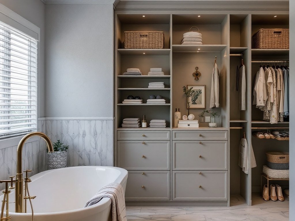 Photo of a stylish, modern bathroom renovation featuring a custom walk-in closet.