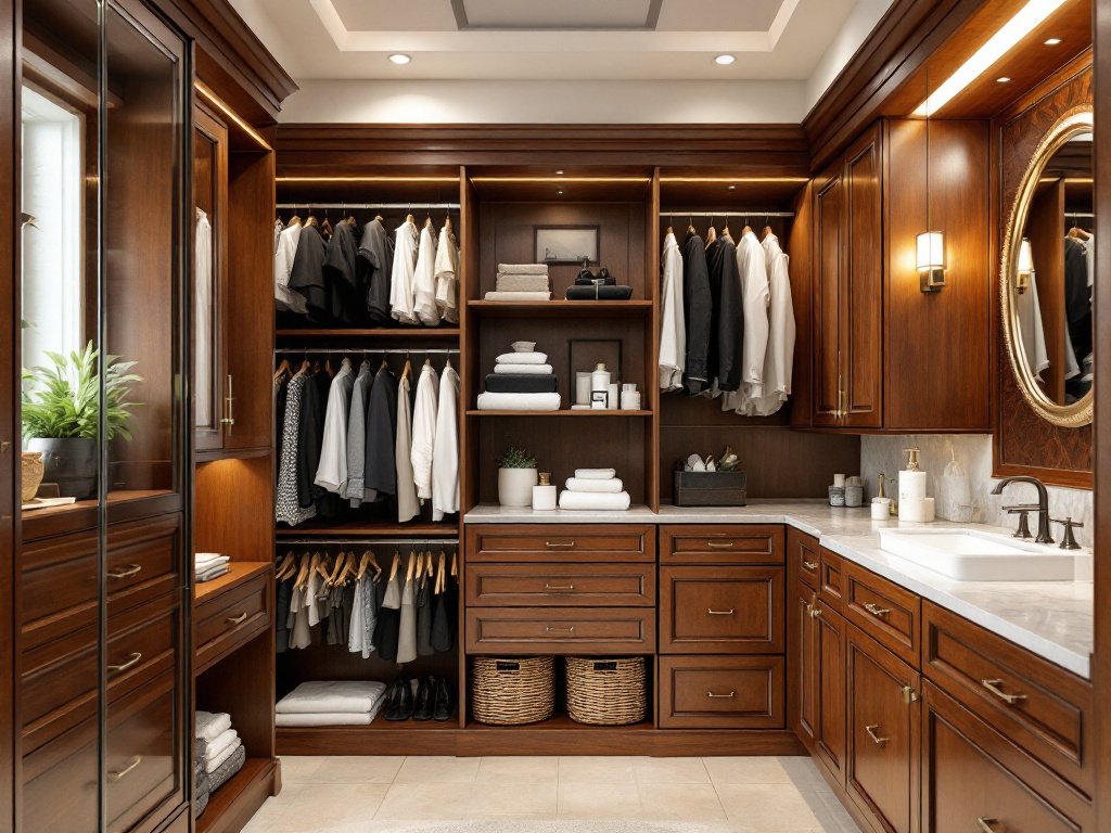 Well-designed renovated bathroom with a custom walk-in closet maximizing style and space.