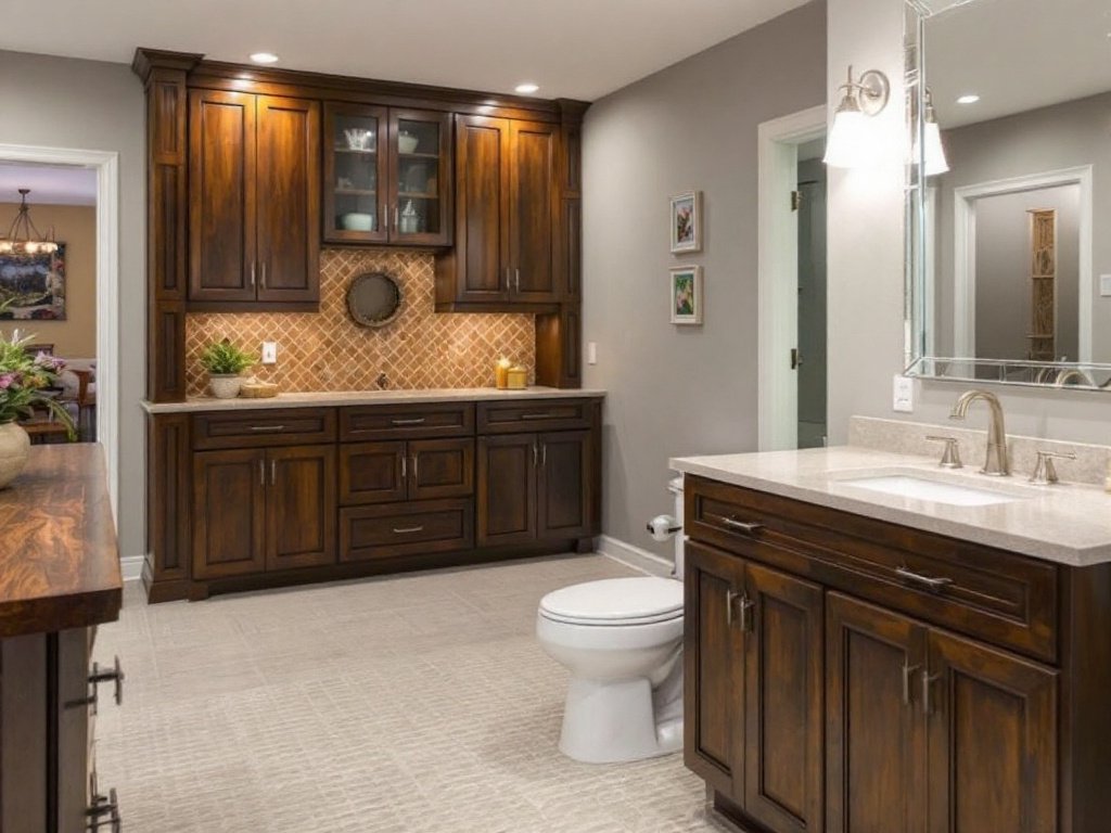 Caption: Experience Quality and Modern Living in a Perfectly Finished Basement near Stoneham. A sleek, modern designed finished basement serving as an additional living space, located near Stoneham.