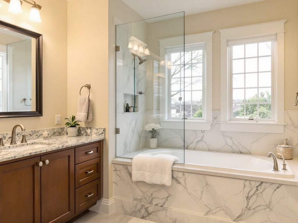 Professional tile installer working on a bathroom remodel in Norwood, MA.