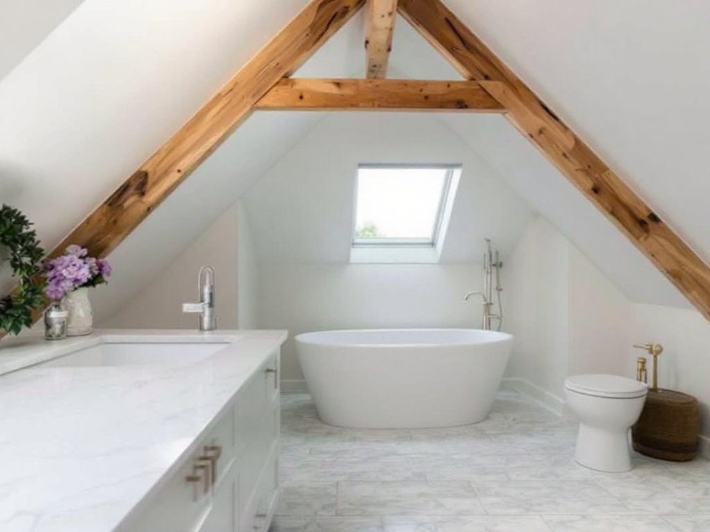 A revitalized attic bathroom in Medford, MA, featuring a modern and contemporary design.