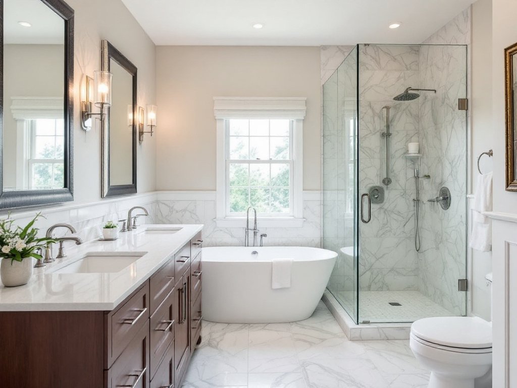 A renovated luxurious bathroom in Brookline, MA exhibiting master craftsmanship and elegance.