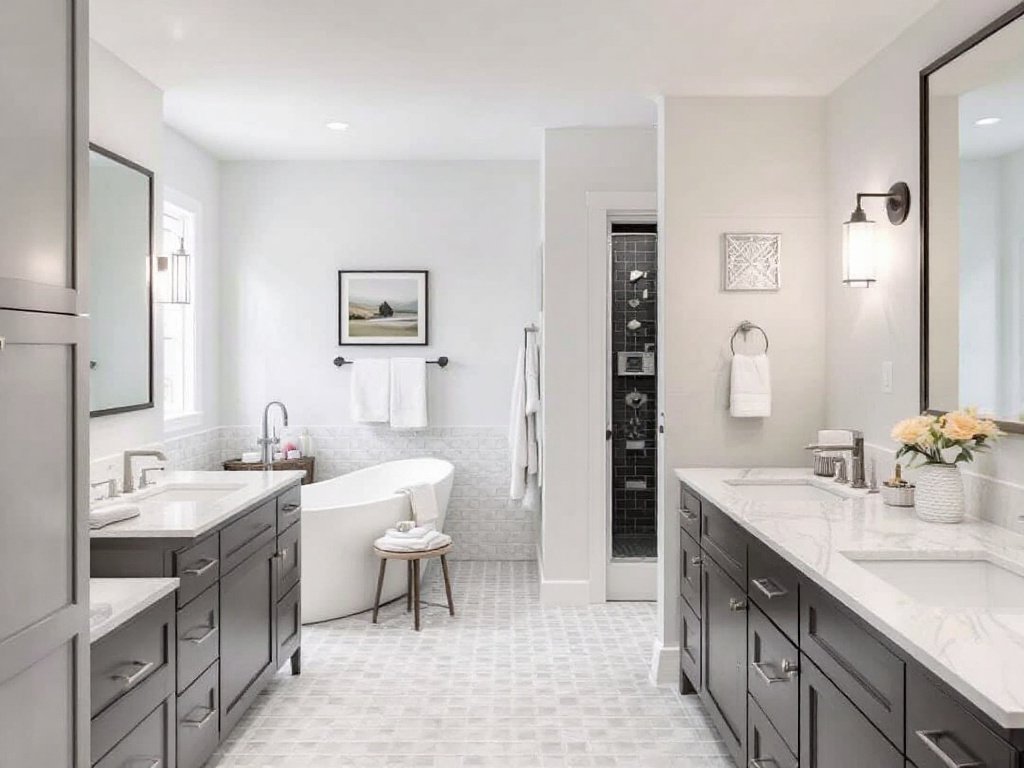 Modern styled bathroom remodel located near Lexington, MA showcasing contemporary fixtures and fresh design.