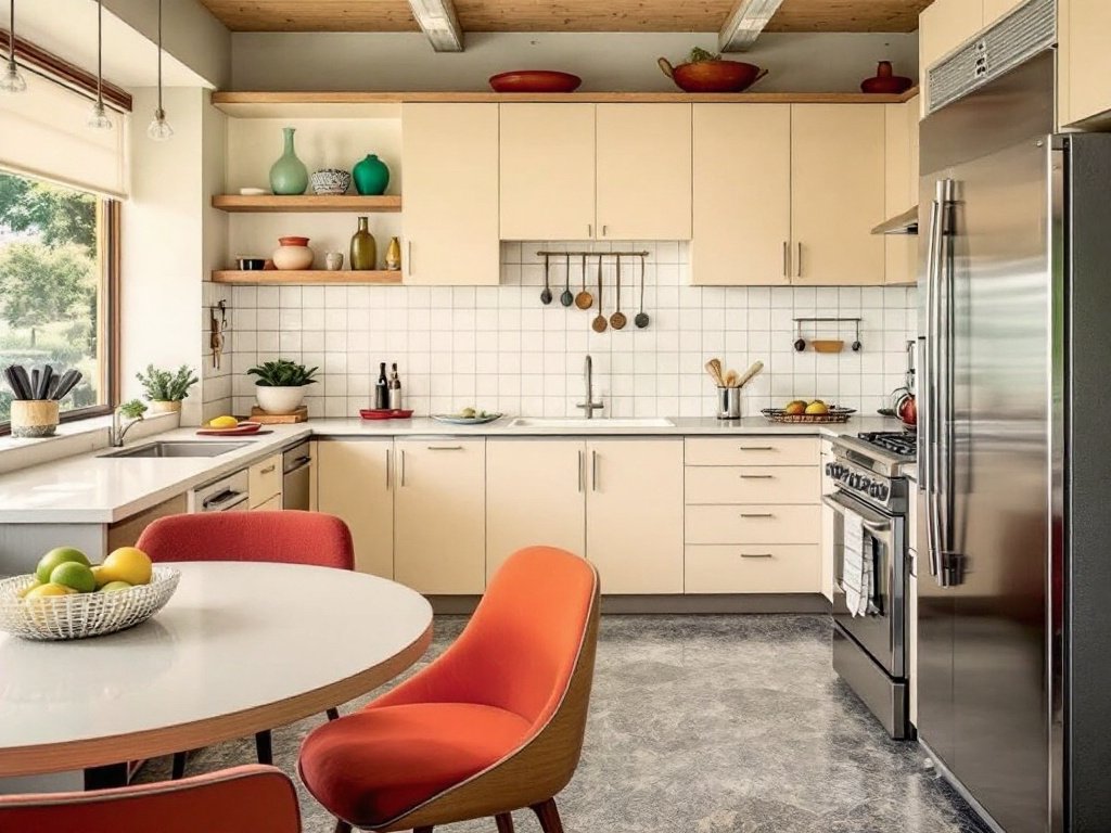 Caption: Perfect fusion of mid-century charm and modern aesthetics in a stunning dream kitchen. A well-appointed mid-century modern kitchen combining contemporary and traditional features showcasing an ideal dream kitchen.