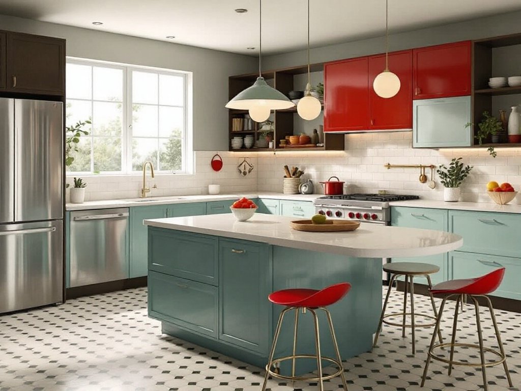 The Enthralling Elegance of Mid-Century Modern Kitchen. Mid-century modern styled kitchen with trendy furniture and decor.