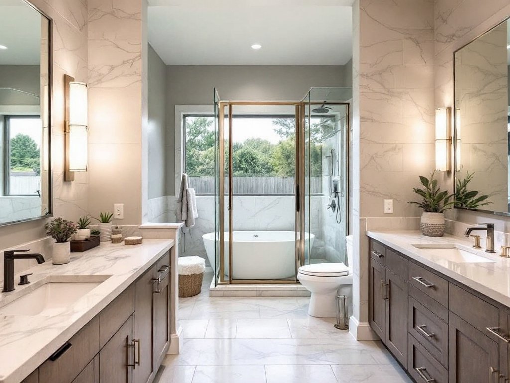 Caption: Experience the transformation journey with this stunningly redesigned, modern haven - an elevated bathroom radiating contemporary elegance. Elevated bathroom with modern, contemporary redesign featuring new fixtures and form.