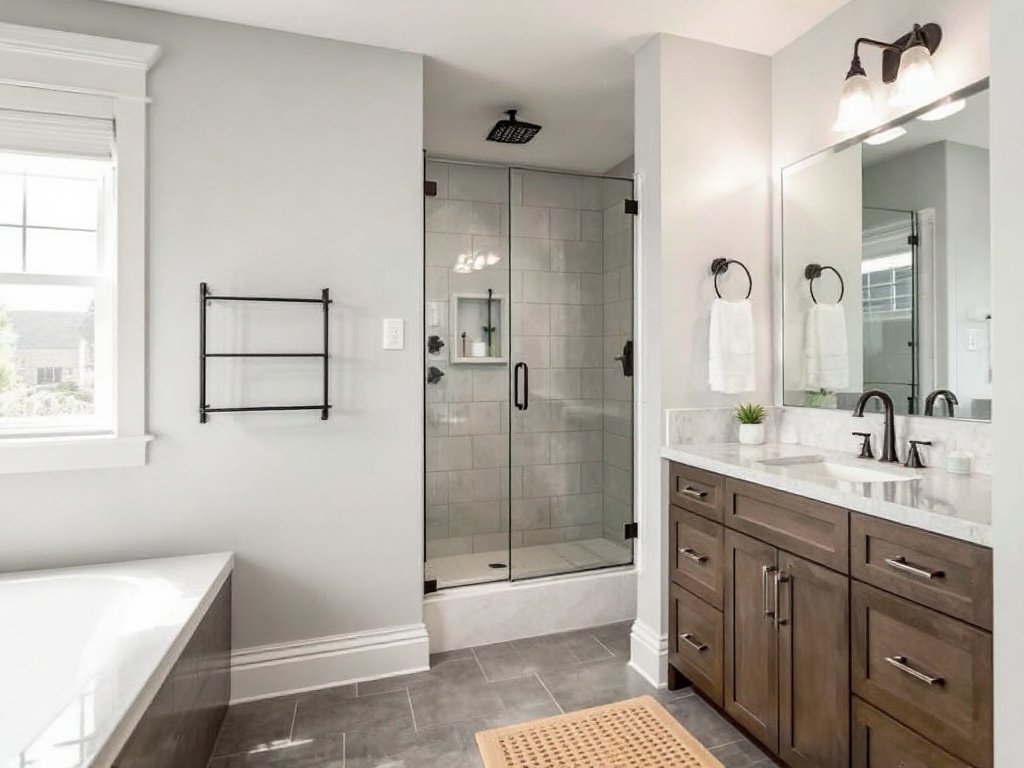 Caption: Witness the ultimate transformation - a bathroom revolutionized with modern design elements in Burlington, MA by top-notch bathroom contractors. A stunning modern and contemporary bathroom transformation by Burlington MA contractors.