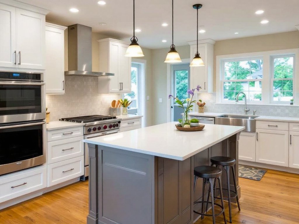 A modern, contemporary-designed kitchen showcasing a recent renovation job by a contractor near Stoneham, MA.