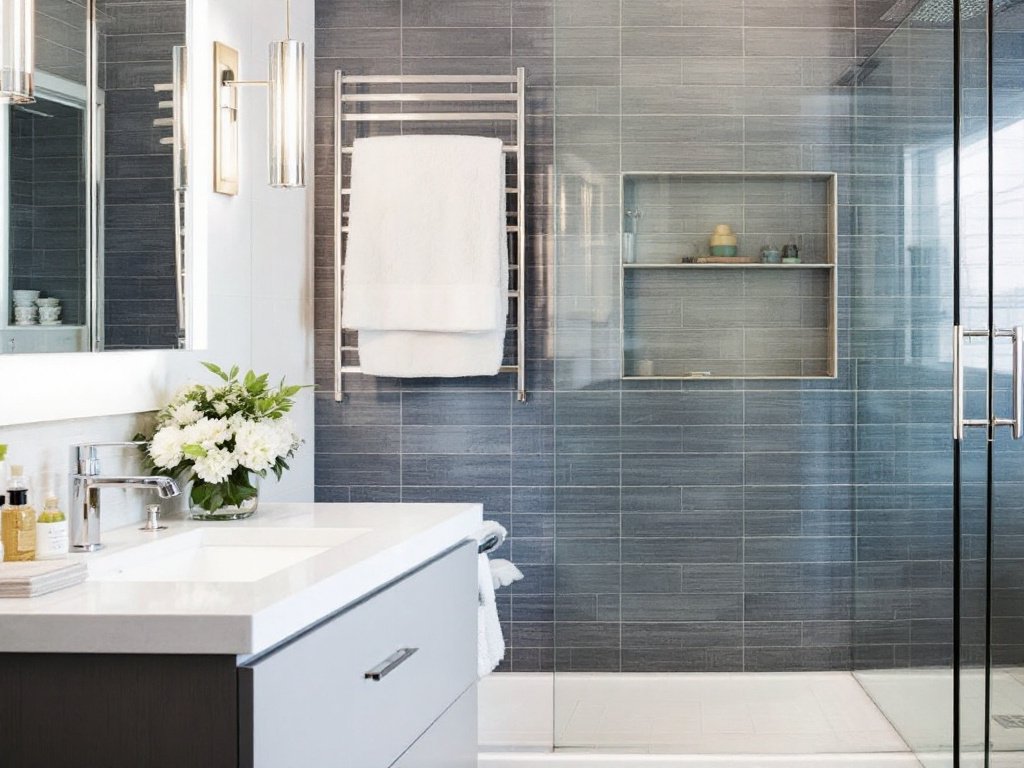 Modern small bathroom after successful remodel with contemporary design elements.