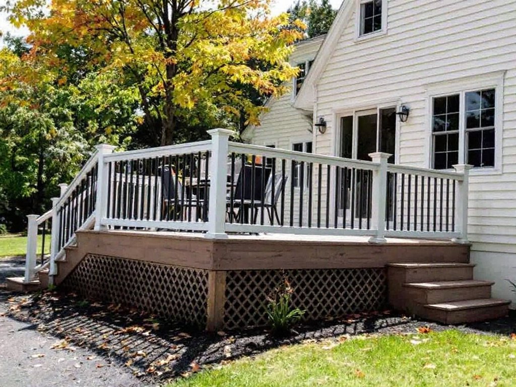 Caption: Experience the best in modern deck construction from skilled contractors near Weston, Massachusetts. An image of an elegantly designed contemporary deck construction in Weston, MA.