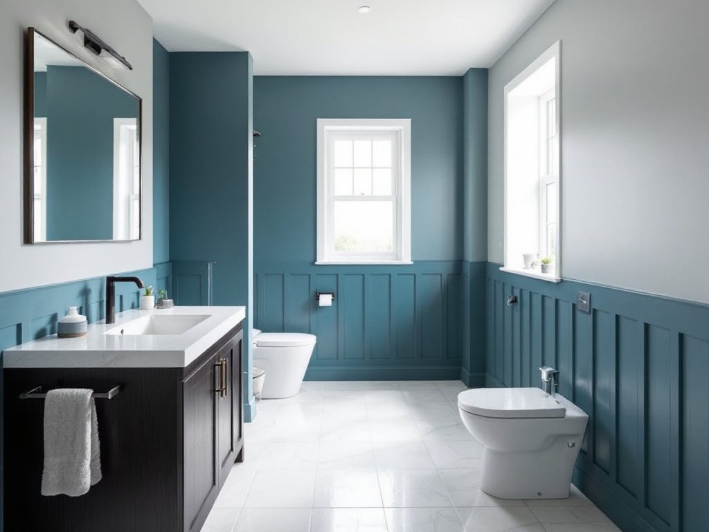 Alt Text: Painting contractors giving a fresh coat of paint in a bathroom