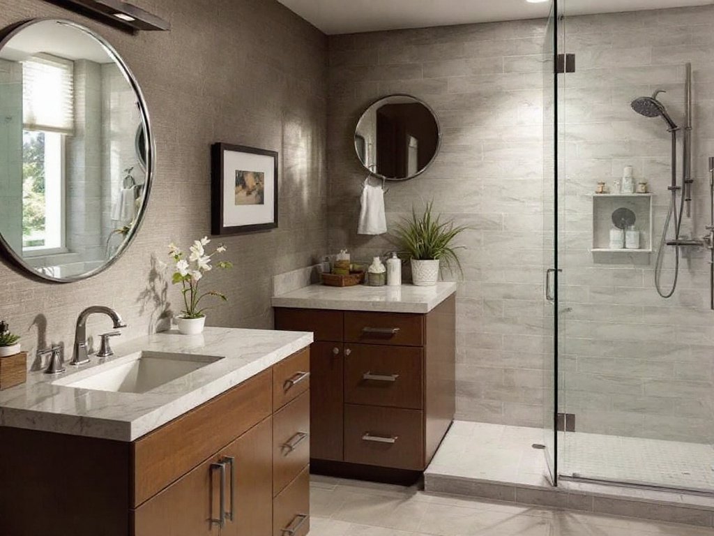 Interior of a newly remodeled bathroom in a basement near Sudbury, Massachusetts.