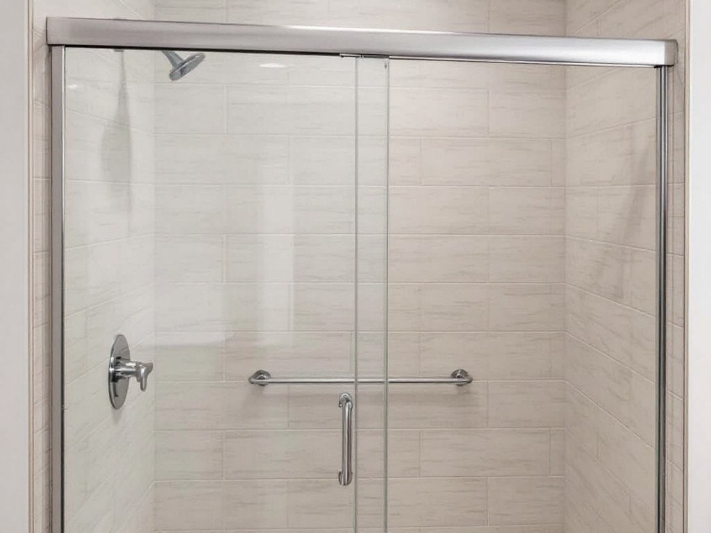 A modern, contemporary-designed bathroom featuring a newly installed shower door.