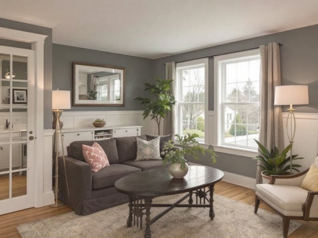 Alt Text: Professional interior painting job transforming a living space into a sophisticated room near Wayland, MA.