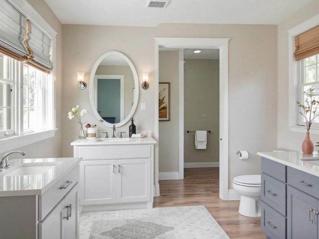 Experienced interior painters working on a Bedford, MA home renovation, adding vibrant colors.