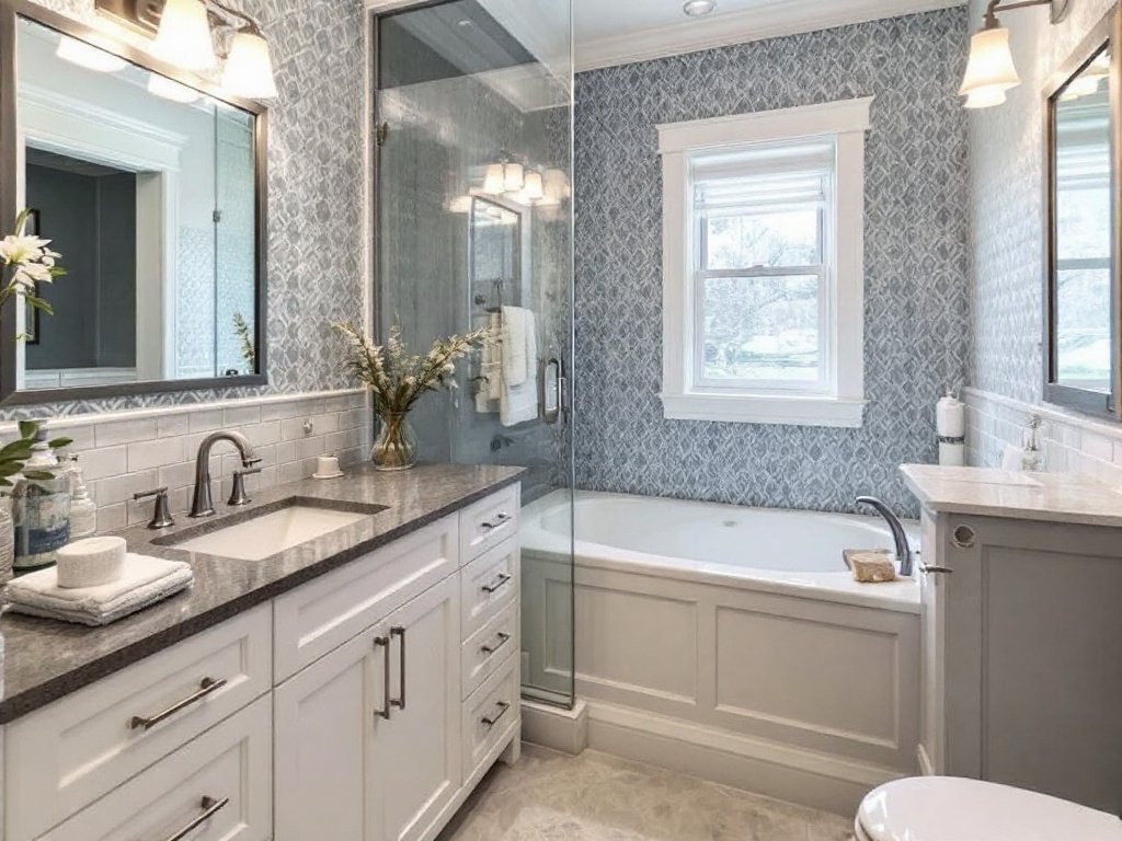 An opulent bathroom remodel in Westwood, MA featuring modern contemporary elements and new amenities.