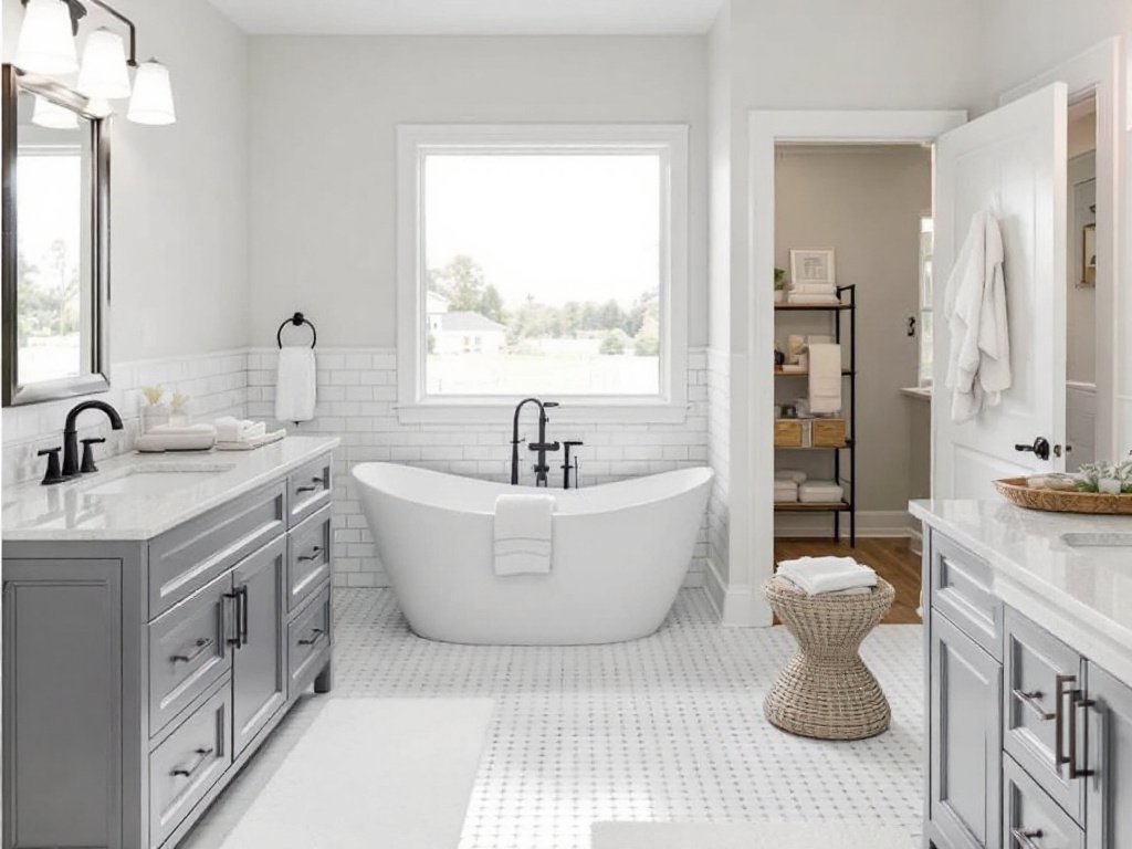 A photo of a luxe-looking bathroom renovation completed by a remodeling team in Westwood, MA with features including marble countertops, a stand-alone bathtub, and sophisticated fixtures.
