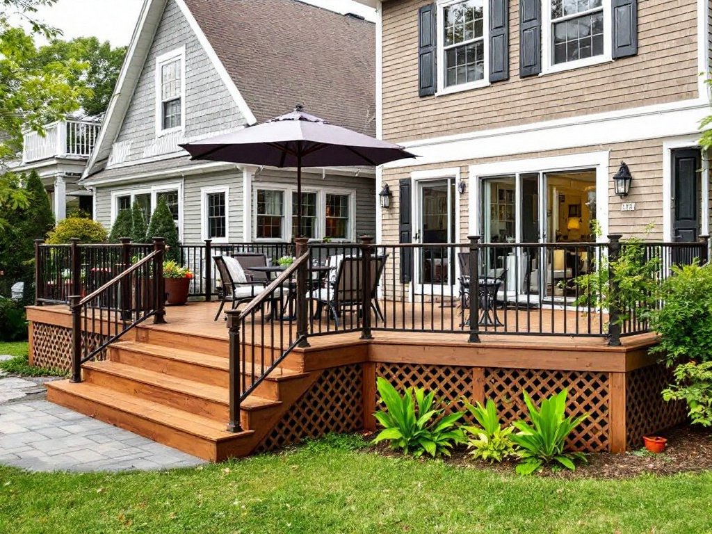 Professional deck contractors in the Boston, MA area building a beautiful custom wooden deck.