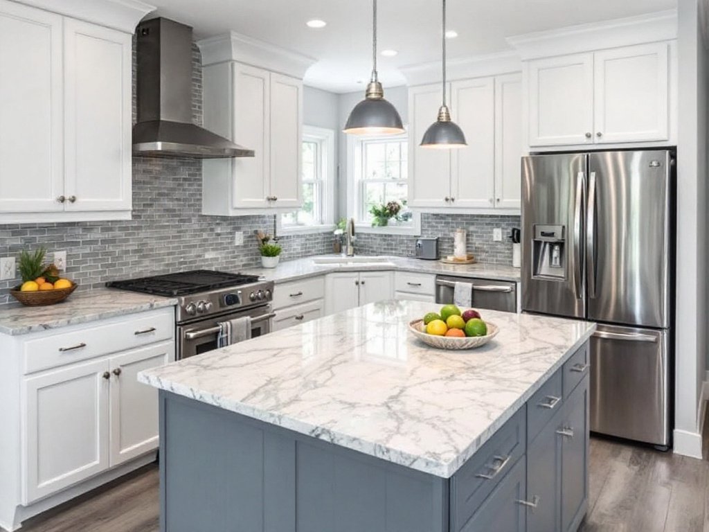 Caption: Showcasing sophistication with our local Randolph, MA, kitchen contractors' fresh, contemporary remodel design. Image illustrating modern, contemporary kitchen redesign by premier remodeling contractors near Randolph, MA.