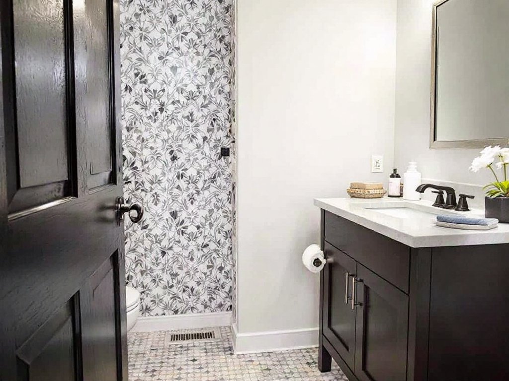 A contemporary half bathroom remodel done in Boston featuring modern design elements.