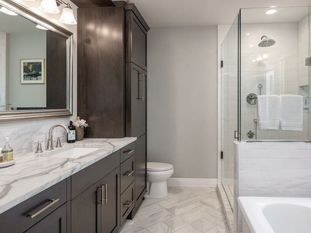 A luxurious bathroom remodel in Weymouth showcasing modern and contemporary design elements.