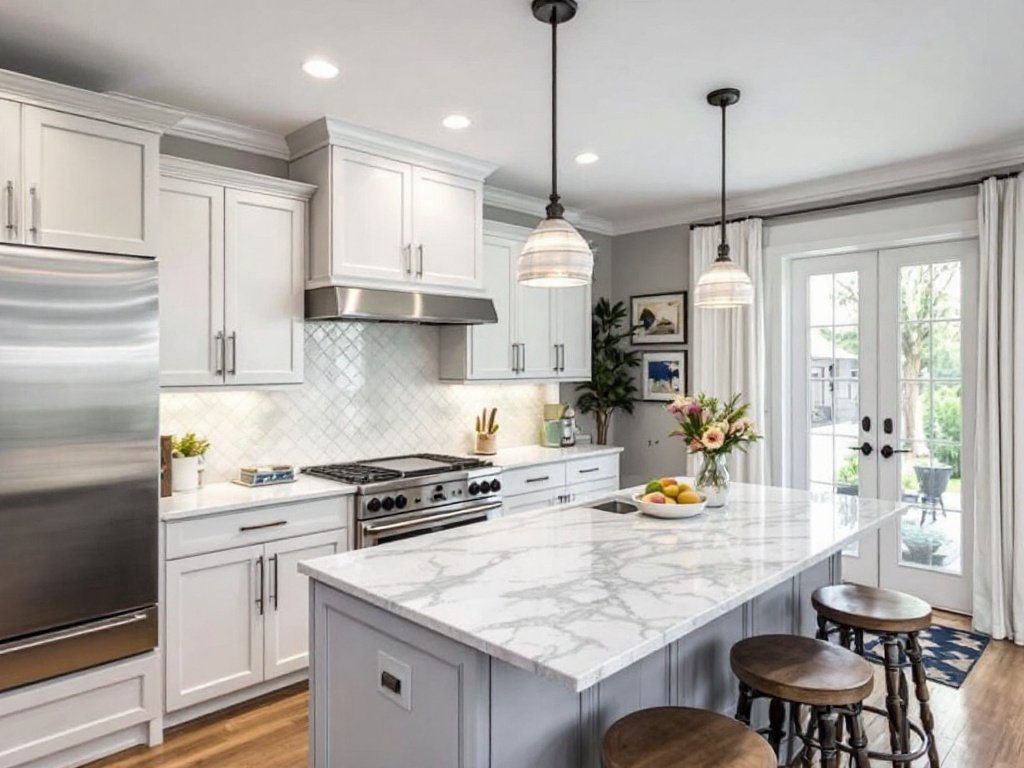 Sleek, contemporary kitchen boasting modern appliances and freshly updated design.