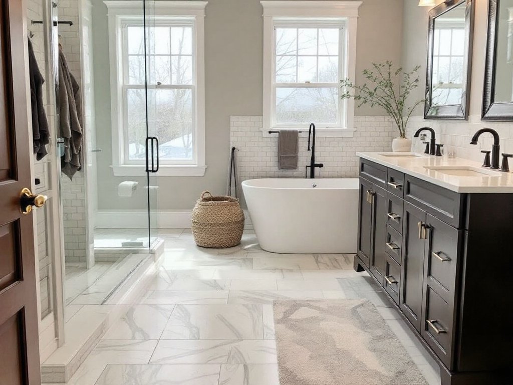 Alternative text: A team of top floor tile installers working on a modern, contemporary bathroom remodel in Quincy, MA.