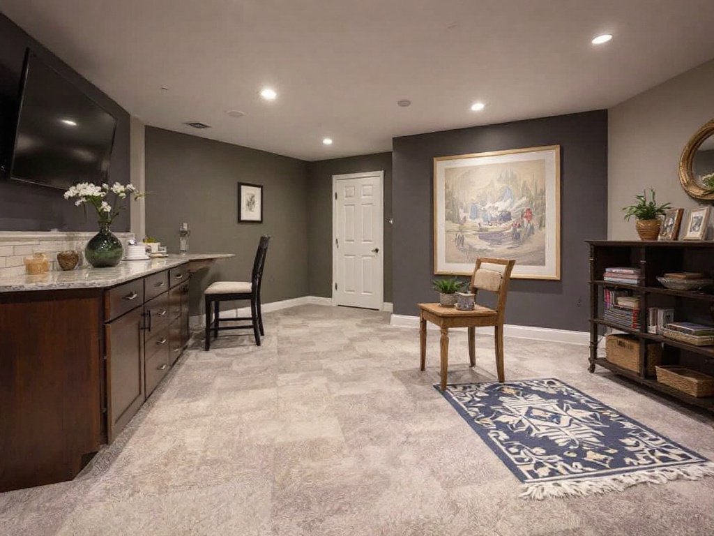 Basement remodeled by experts into a beautiful living space in Stoneham.