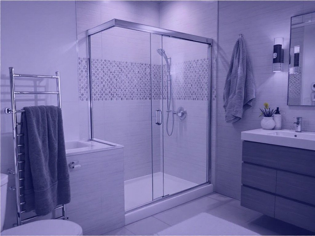 Alternative text: An image showcasing the transformation of a bathroom featuring a modern design with a new shower door installation.
