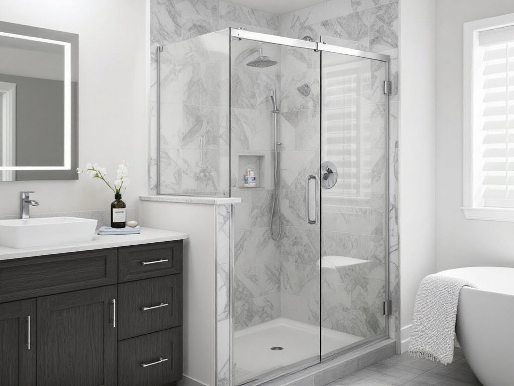Professional installing a new shower door to enhance a bathroom's aesthetics.