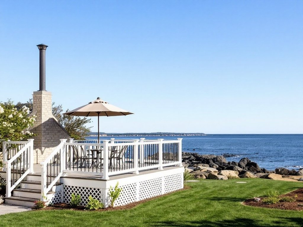 Alt Text: Newly installed modern designed deck transforming an outdoor space in Walpole, MA.