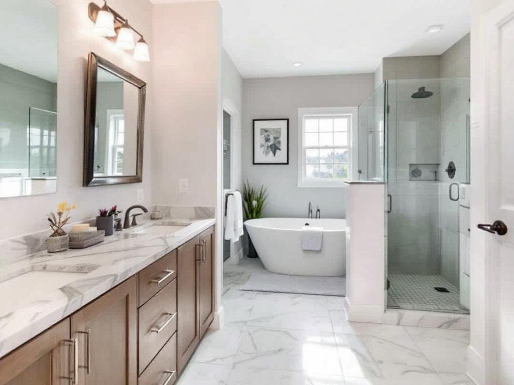 A licensed General contractor in Maynard, MA performing sleek, modern bathroom remodeling tasks.