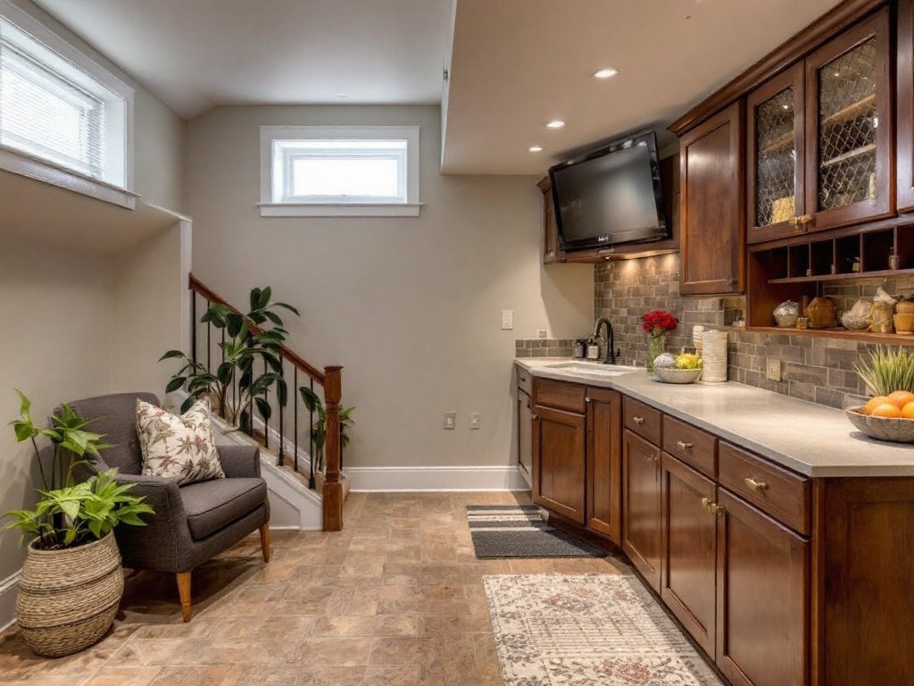 Modern design of a newly finished basement in Dover, MA showcasing a contemporary style.