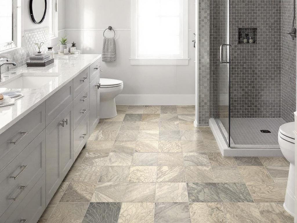 Professional floor tile installers skillfully laying fresh tiles as part of a bathroom remodeling near Quincy, MA.