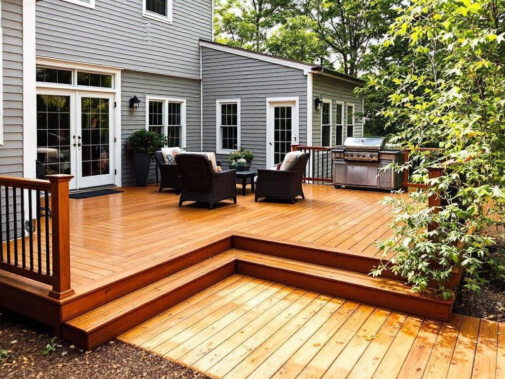 Caption: Modern, high-quality deck installation near Waltham, MA, revitalizing outdoor living spaces. Modern, contemporary deck installation near Waltham, MA maximizing outdoor living spaces.
