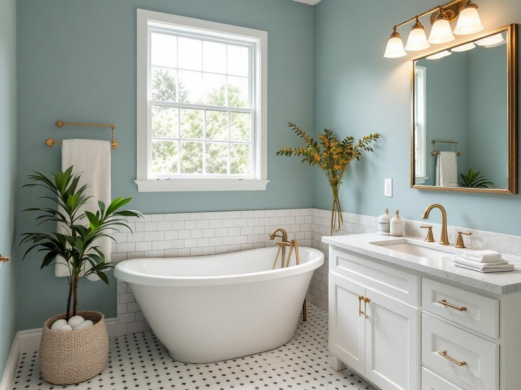 Expert interior painters putting final touches on a bathroom remodeling project in a Milton, MA home with a modern, contemporary design.