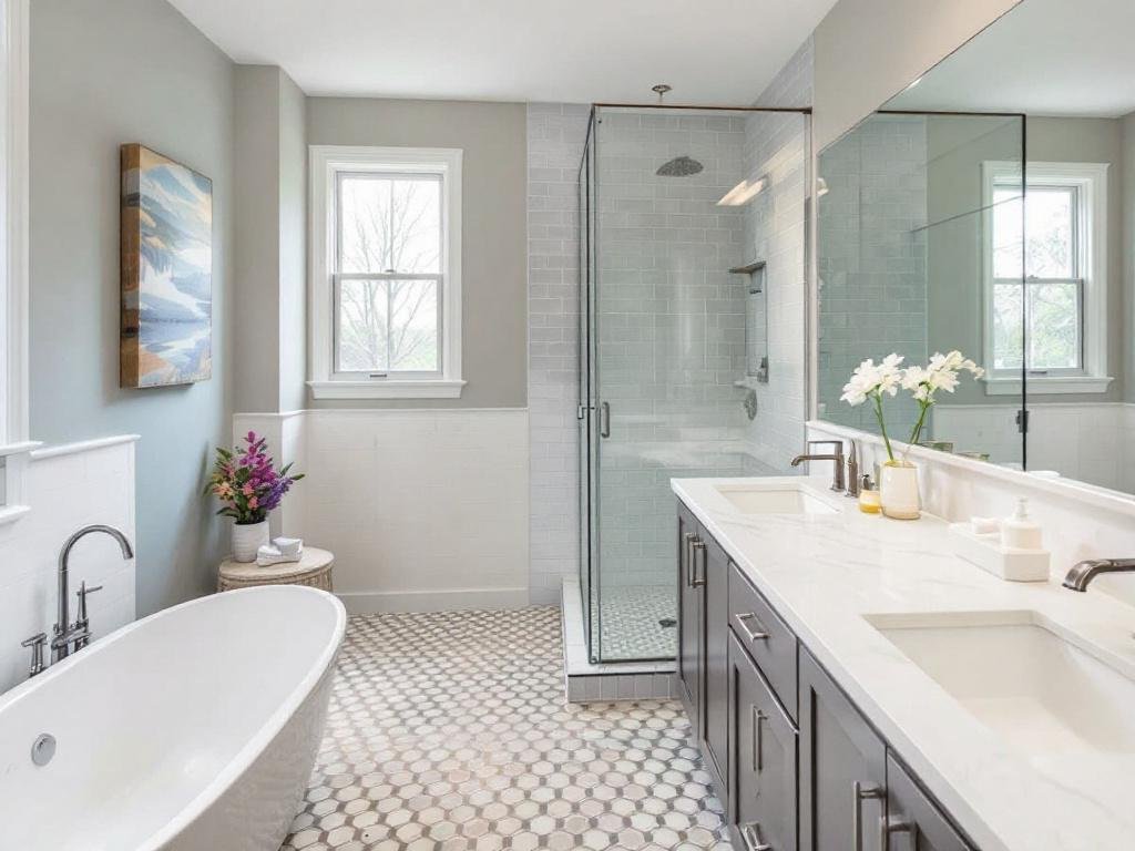 Caption:'Shaping dream bathrooms: Top-class tile installation creating sleek, modern designs in Weston, MA' 'Professional tile installers at work in a modern, contemporary bathroom remodeling project in Weston, MA'