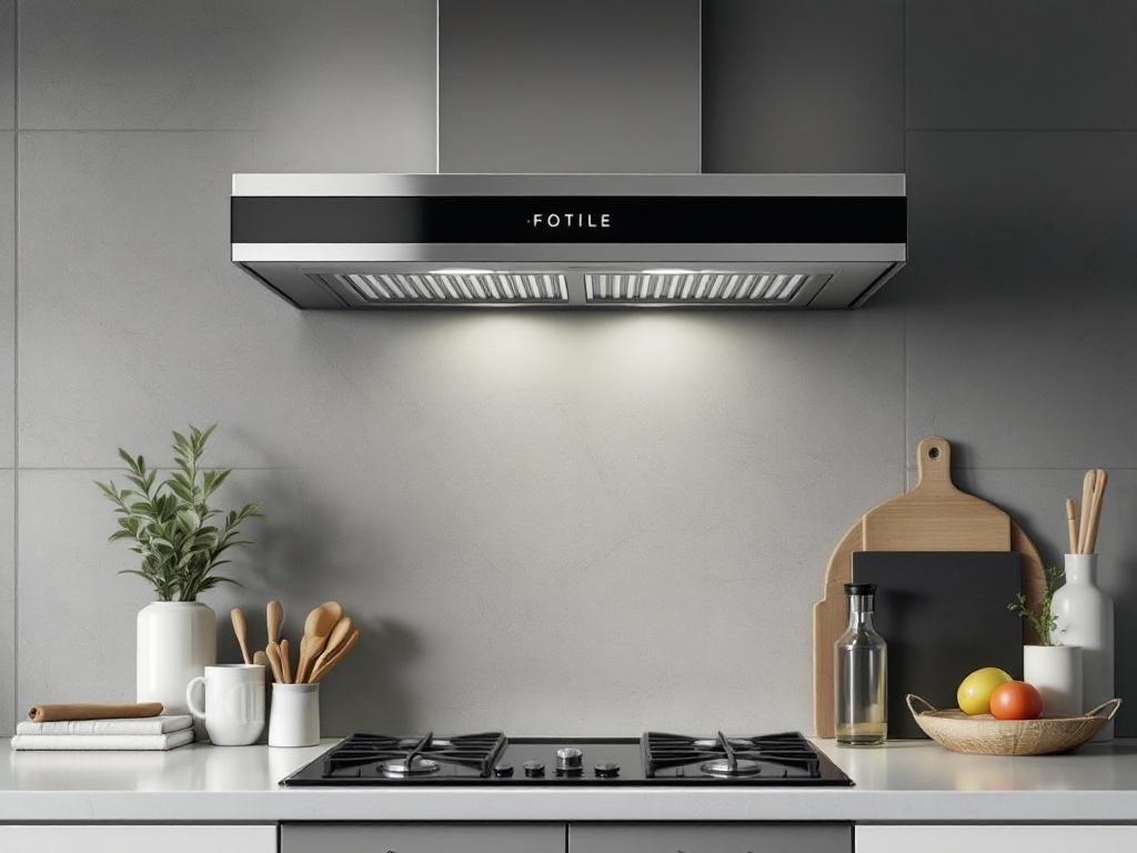 Caption: Enhance your culinary space with our chic Fotile range hood - the epitome of modern, contemporary design. A sleek and modern Fotile range hood, enhancing the aesthetic of a contemporary kitchen.
